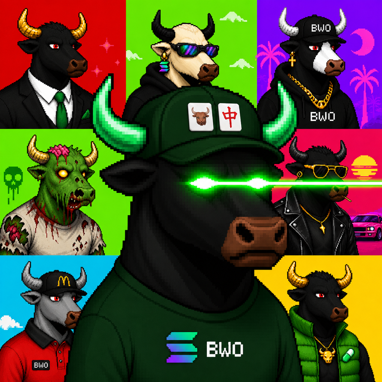 A grid of Bull World Order NFT characters